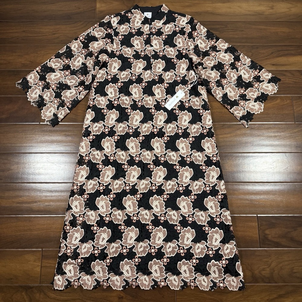 J.Marie Women's Size XS‎ Black Floral Talia Lace Mandarin Collar Midi Dress